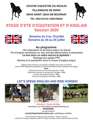 Stage d'été d'équitation et anglais 2020 - enfants/ados
